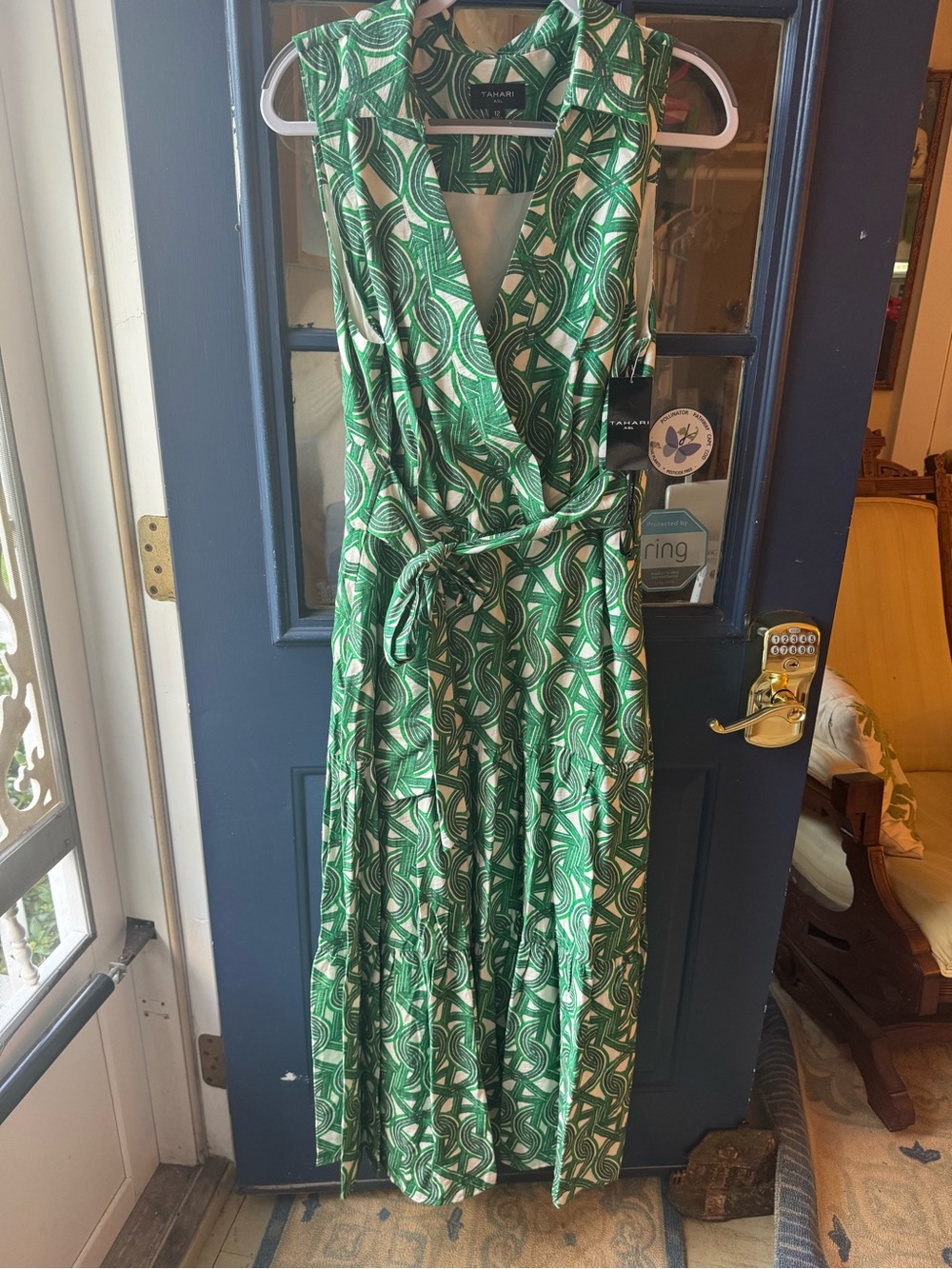 Tahari Green and White Geometric Wrap Maxi Dress